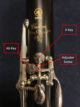 clarinet wont play image 2 Closeup of clarinet keys and adjuster screw with elements called out.
