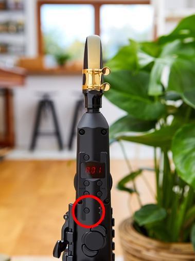 Fn-button-circled-in-red illustration showing the function button on the The Yamaha YDS-150 Digital Saxophone circled in red.